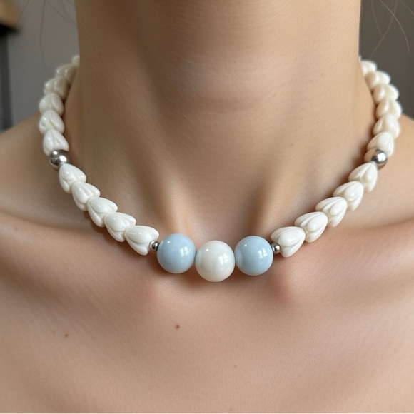 Handmade Mother of Pearl Pikake 16” Choker Necklace AAA Larimar Grey Pearls - Picture 2 of 10